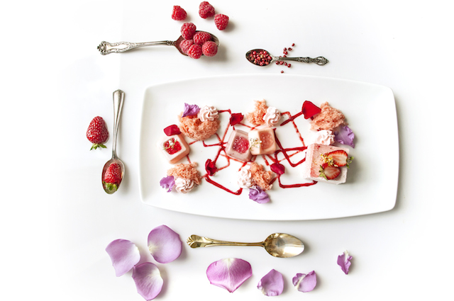 Strawberry Mousse, Pink Peppercorn Chiffon, Rose Champagne Gelee_640