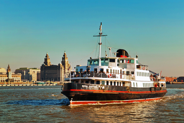 View across the Mersey towards the Liverpool with the Mersey Ferry in the foreground