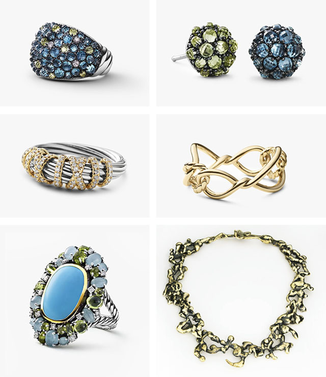 David Yurman设计的珠宝具有一种雕塑美感。第二排第一个戒指有着其标志性设计Cable的螺旋扭纹；第三排最后的项链是David当初送给Sybil的Dante黄铜雕刻项链。